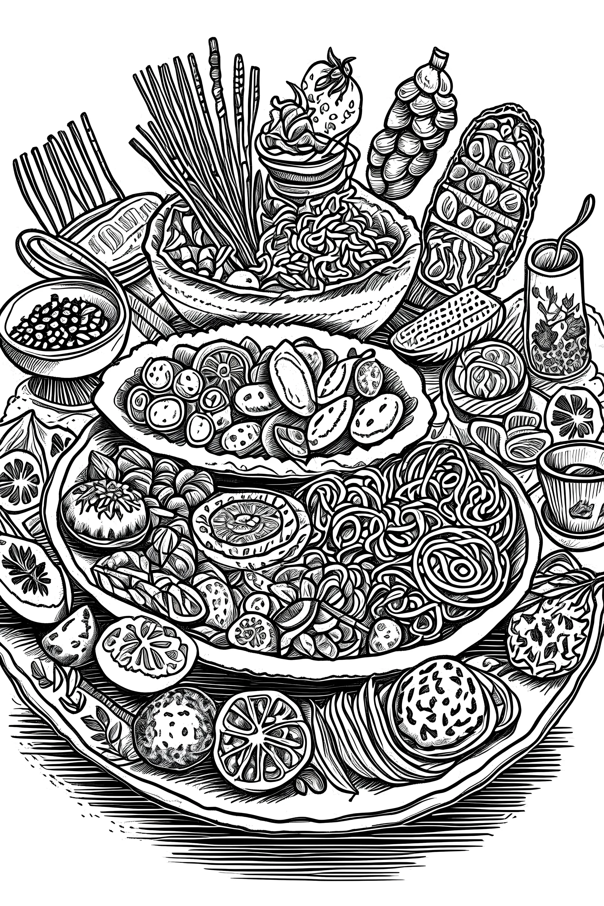 an illustration made by composing different nepalese food cusines in black and white like it was made with marker