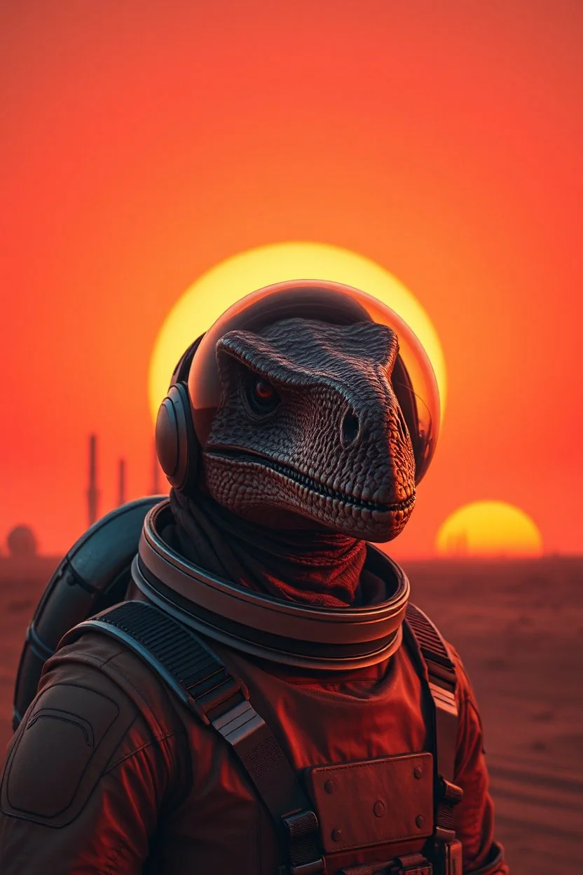 close up portrait of a lonely man-raptor hibrid astronaut , the sun setting in vibrant hues of orange and yellow and red. His helmet reflects the light, he gazes at towering structures on the horizon—remnants of a once-great civilization. With every step through the barren sands, the weight of his mission grows heavier. Is he a pioneer, The silence and black shadows around him , surreal, dark sci-fi, utopistic vibe