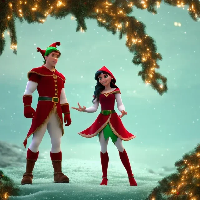 two elves. woman and man. Christmas scene. poster. marvel comic. low-key