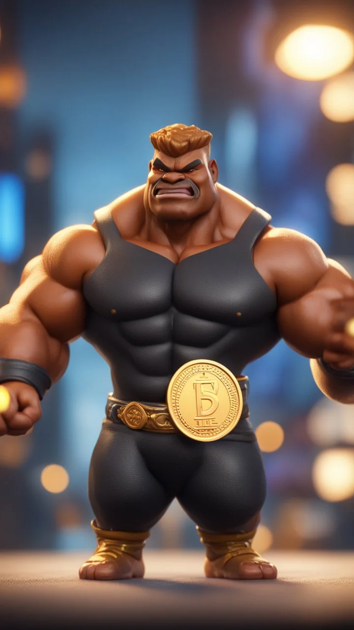 black hunk lowpoly Abobo from double dragon holding up a dog sized golden coin with a print of himself ,bokeh like f/0.8, tilt-shift lens 8k, high detail, smooth render, down-light, unreal engine, prize winning