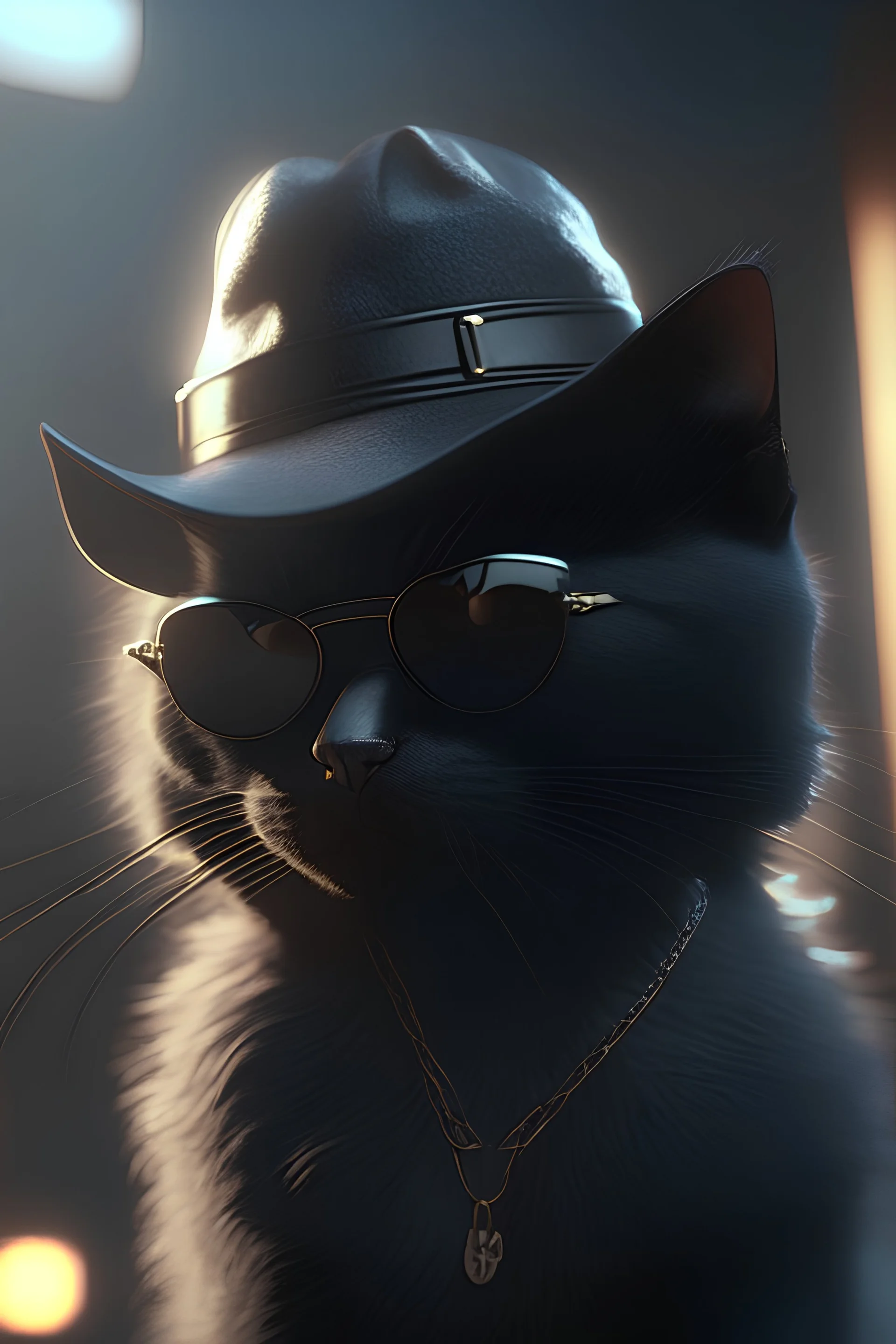 a cat with black fur wearing a black hat and black sunglasses, Unreal Engine, cinematic lighting