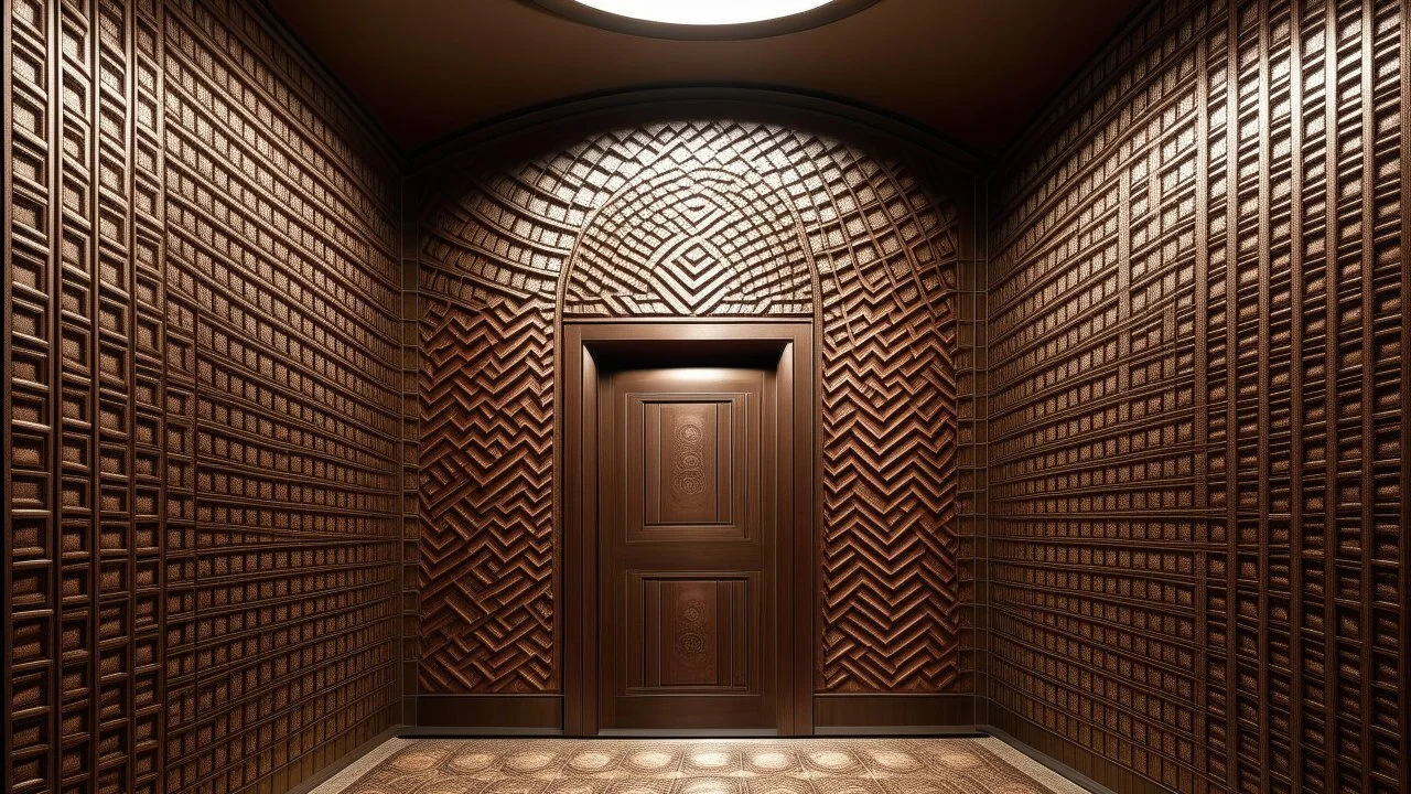 A large, intricate wall made of square, brick-like tiles, featuring a prominent, circular, geometric design centered around a door. The tiles alternate between light and dark brown hues, creating a rhythmic, textured pattern that draws the eye to the tunnel-like structure within. The door itself is recessed into the center of the design, inviting the viewer to imagine what lies beyond.