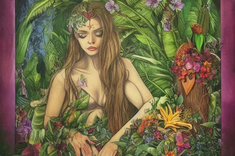 Lilith, Goddess, tropical flowers, realistic heart drawing, crystals, tropical leaves, sacred altar, Fantasy home.Enki Bilal