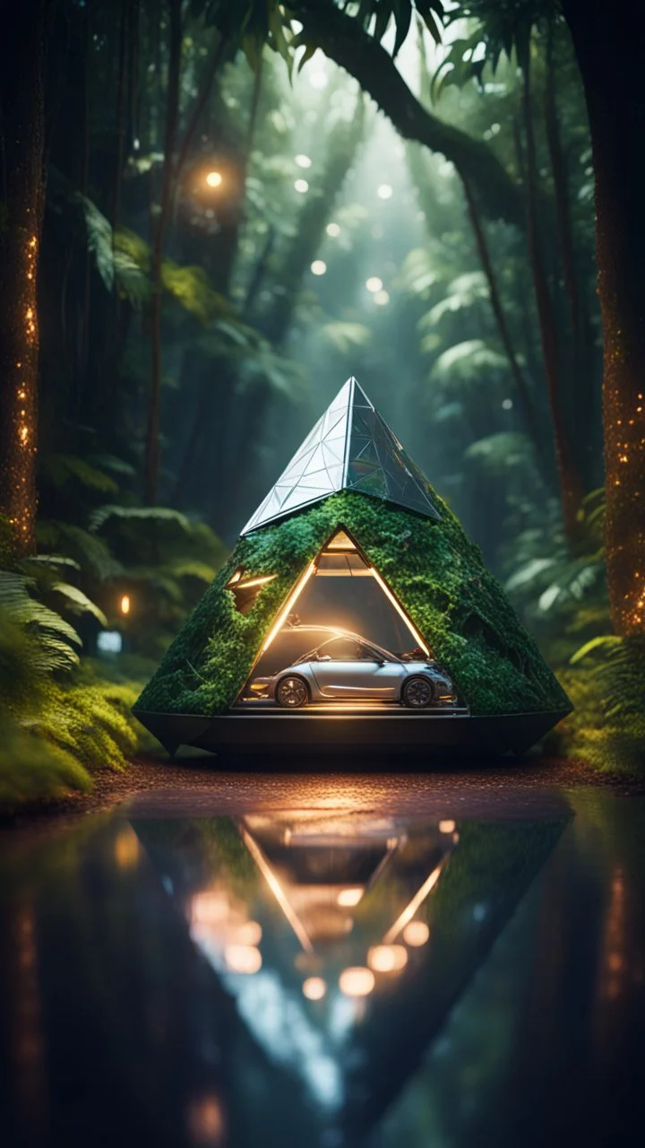 a car shaped like a tetrahedron without a top in dark lit reflective wet jungle metallic hall dome hotel tunnel, in the style of a game,bokeh like f/0.8, tilt-shift lens 8k, high detail, smooth render, down-light, unreal engine, prize winning