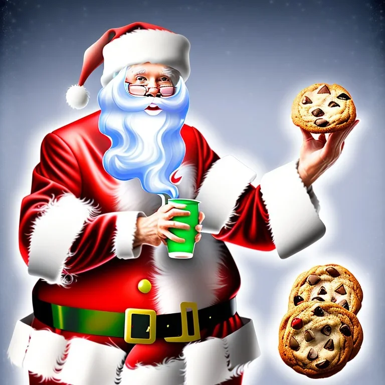 Santa Claus is a giant tabby cat, drinking a big glasses of milk, cookies