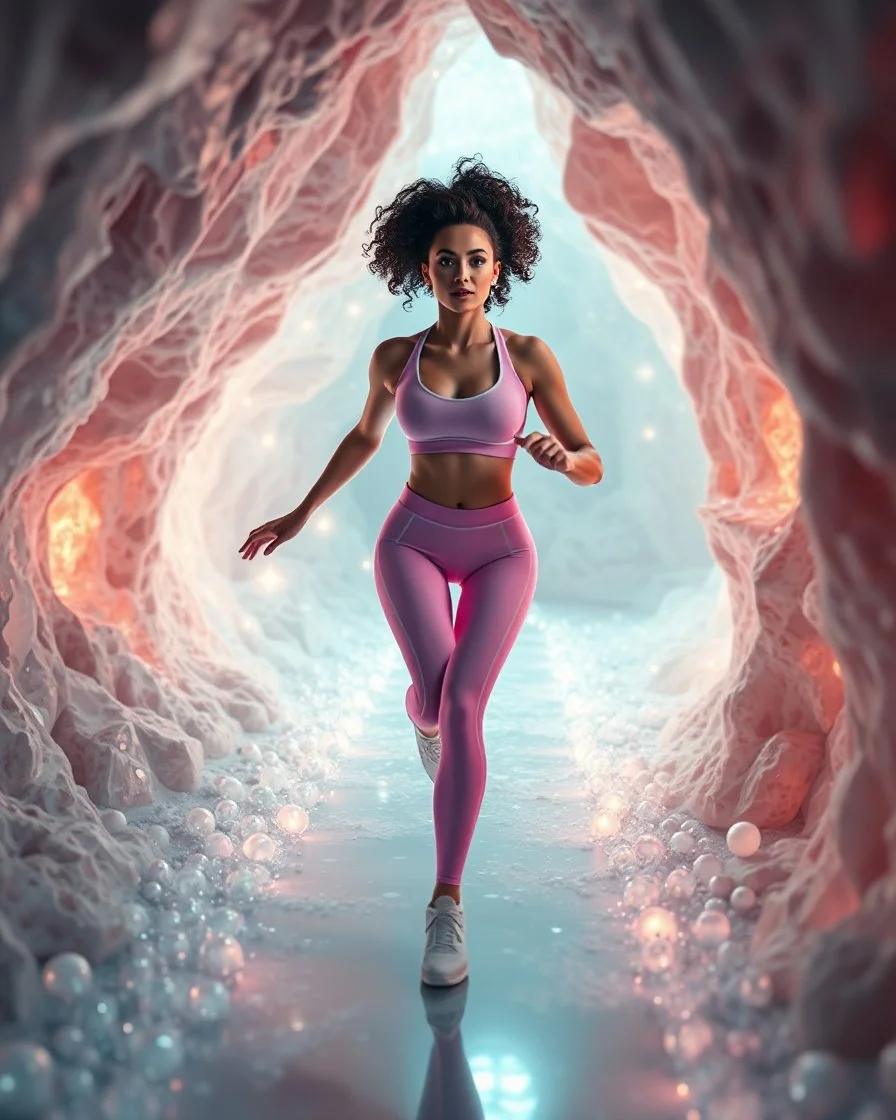 make a video pretty crystal cave covered with jewells and CIFI jewell lights and 3d recursive cubic and sphere base pearls and a beautiful fashion model lady with cute,curvy hair,makeup, in pretty sports suit is running inside cave ,dynamic camera fallow her inside cave capturing full body, dynamic lights.