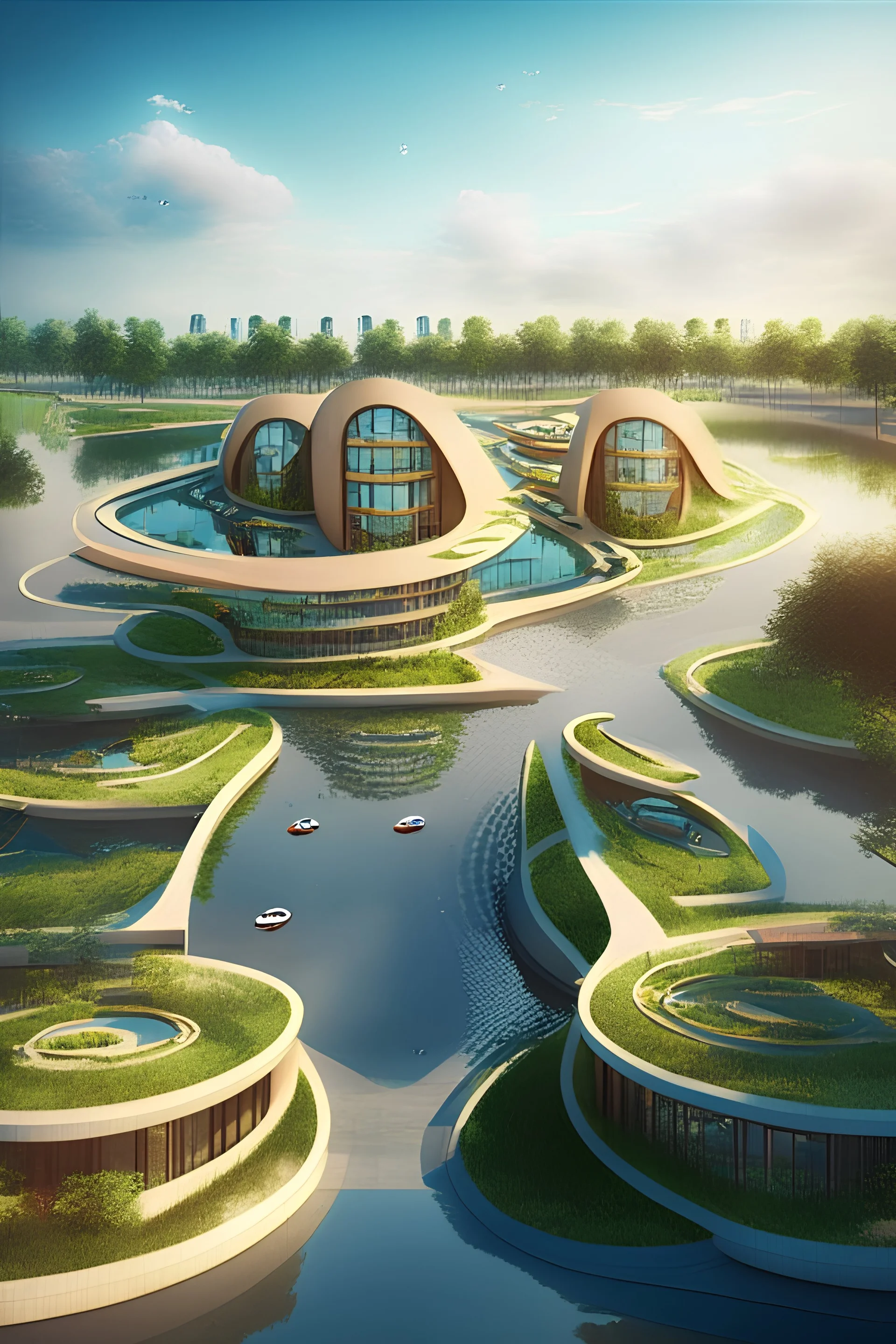 water village main entrance, car parking , commercial building , resedantial buildings , office building , sequares , circules , curves , central water feature , overlooking a lake , pedestrian road and bike road , sport center , terraces , water village with earthy colors , tensile structure