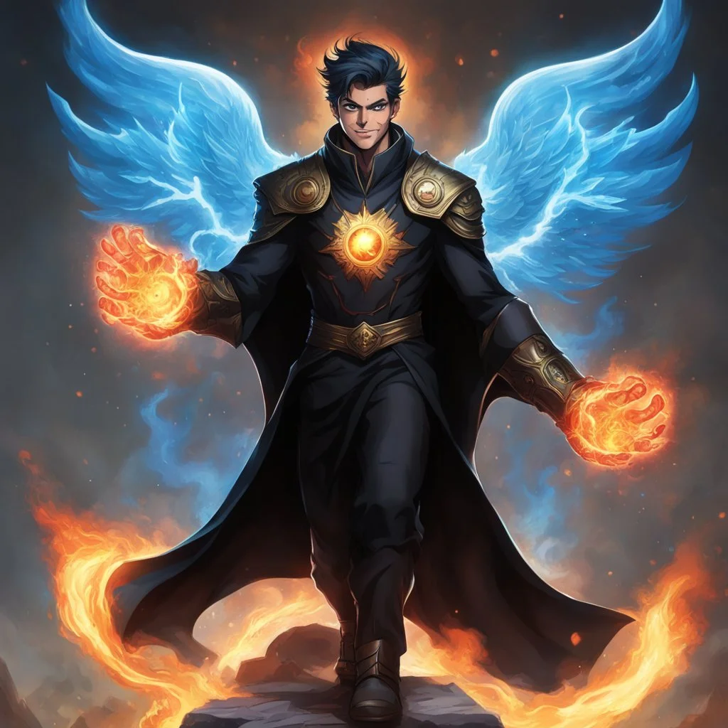 A 25 years boy persian in matte black robes with flaming eyes with grin with flaming light blue pupils stands atop a squire Two infinity gauntlets contain six infinity stones, one of which is made with nano In the hands of a powerful man walking While standing on a majestic height from afar With two big wings