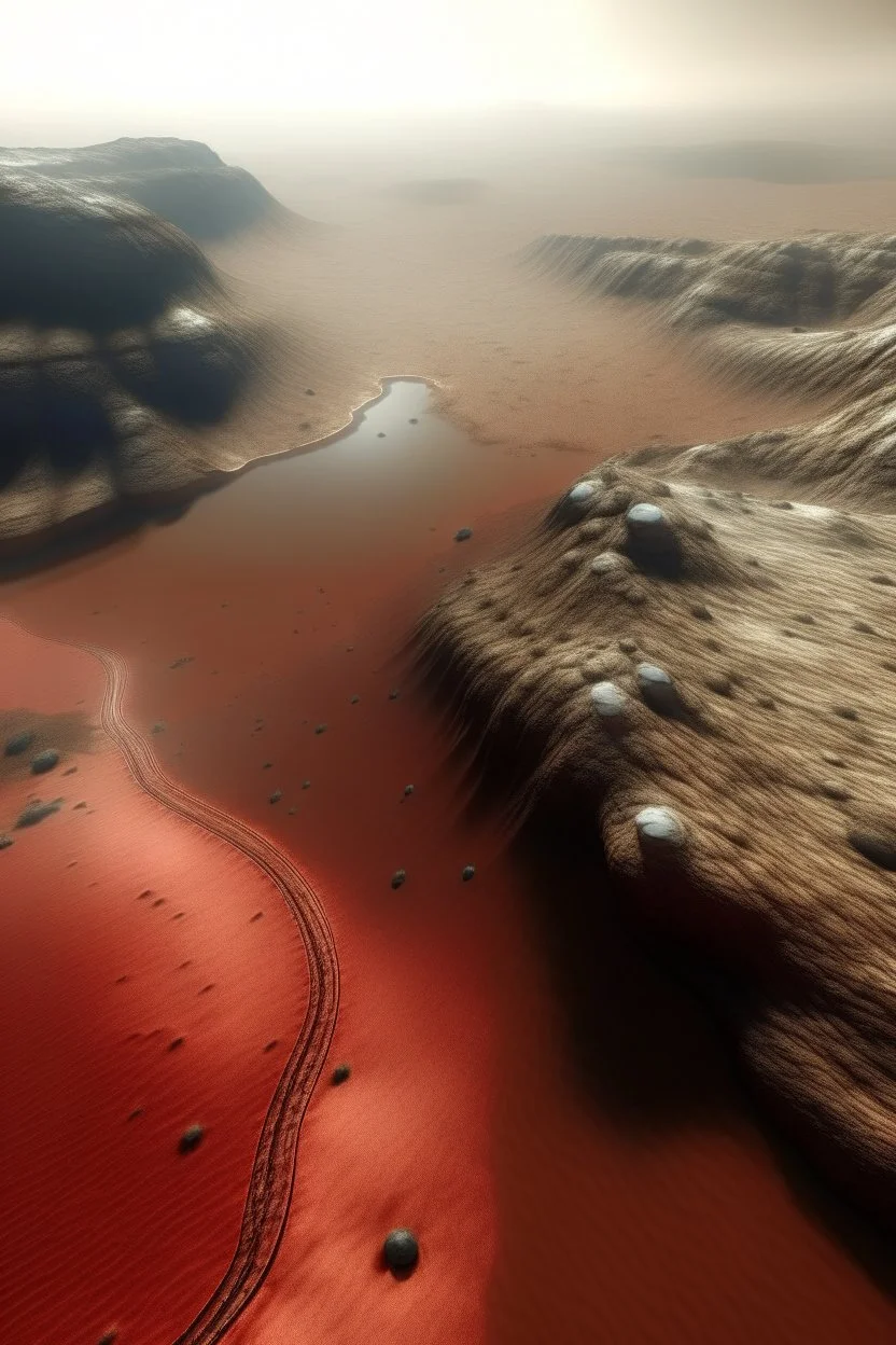 Imagen desde arriba de cerca de la superficie de un planeta desconocido, se puede apreciar el pasaje desertico color rojo, clima seco, con algunas elevaciones rocosas y lagos humeantes, escondidos entre rocas algunas especies tipo serpientes y vegetacion parecida a la que hay en los desiertos en el planeta tierra