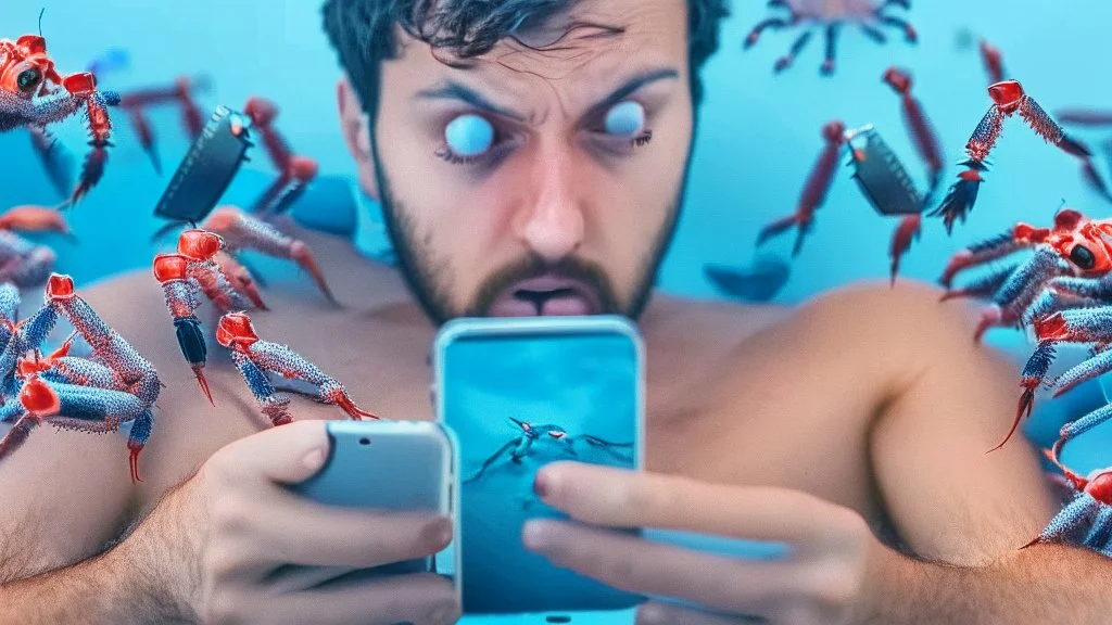 guy enjoying censored videos on smartphone surrounded by tiny crabs