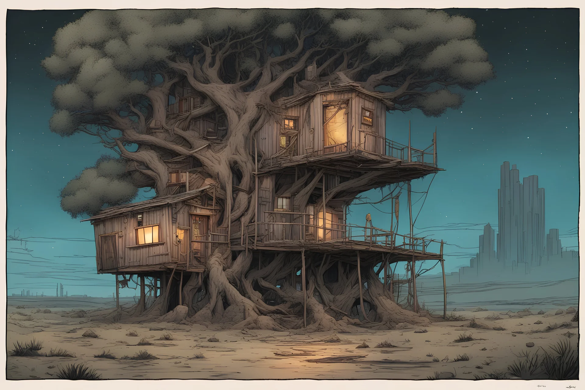 night, one tree house in the middle of the image, bared land, post-apocalypse, front view, comic book, cartoon,,