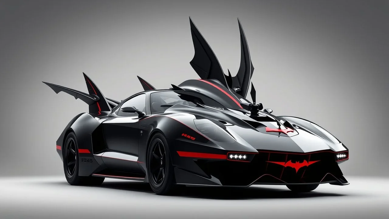 batmobile concept inspired from a 2025 ford mustang dark horse with a large elaborate spoiler and batman symbol style fins, batman symbol in grille, lower wind deflector. red stripes like 1960s adam west batmobile