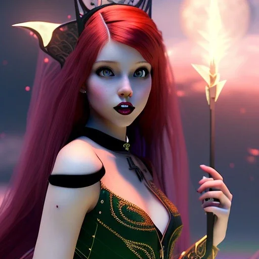 Gorgeous teenage girl with red hair with black highlights who is dressed like a witch casting a spell, green eyes, background is realistic space, goth girl dress, full body portrait, arm colors gradient effect into stars, rendered, unity 3d, unreal engine, dslr, hdr, 4k, edited, photorealistic, normal number of appendages, freckles, artists rendering