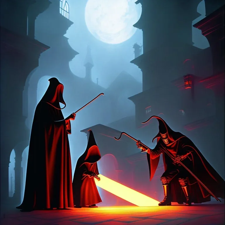 The Grim Reaper and a plague doctor in Lollipop world, considering the future of the universe, art by Ralph McQuarrie