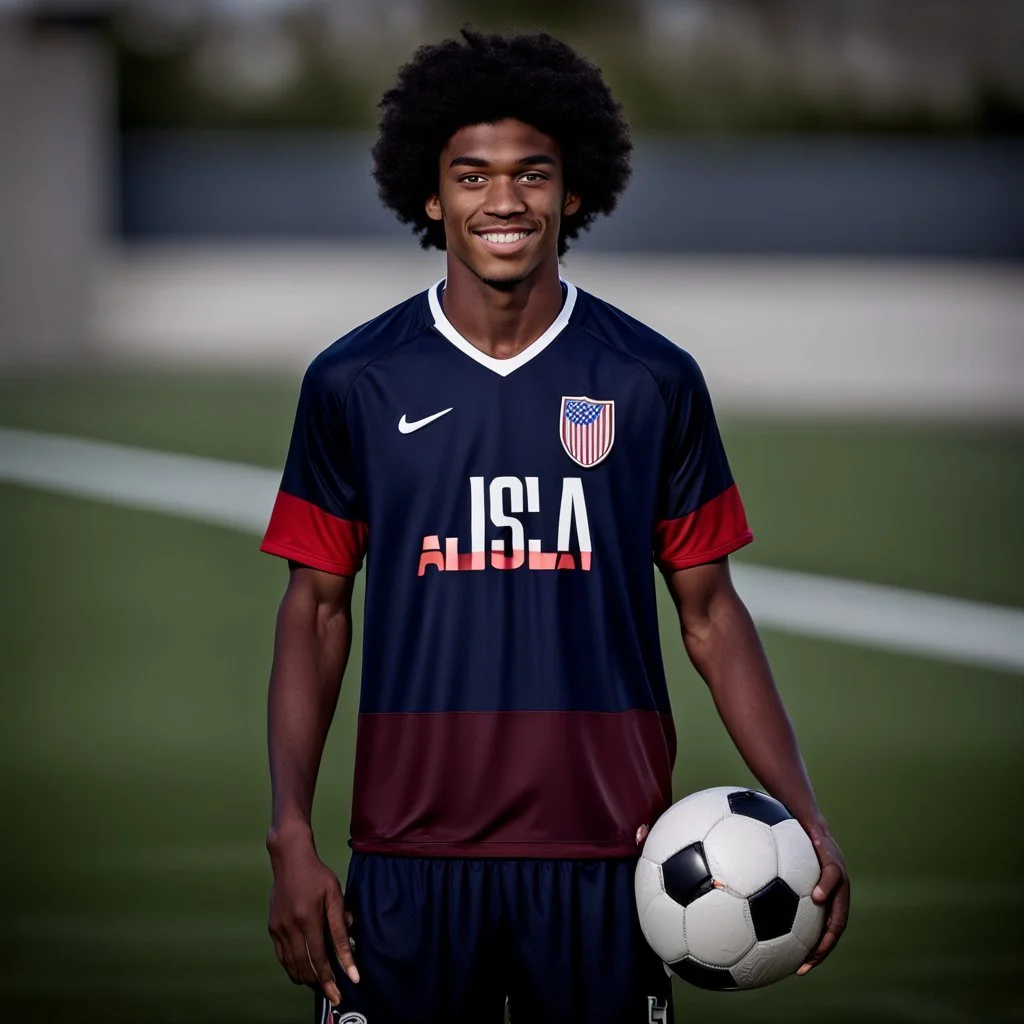 85mm DSLR color photography of a very detailed headshot fitting all of head and hair in frame. 20-year-old USA soccer player, with black hair color and with small facial hair and has a brown skin tone and has a small afro with a small smile, grey background