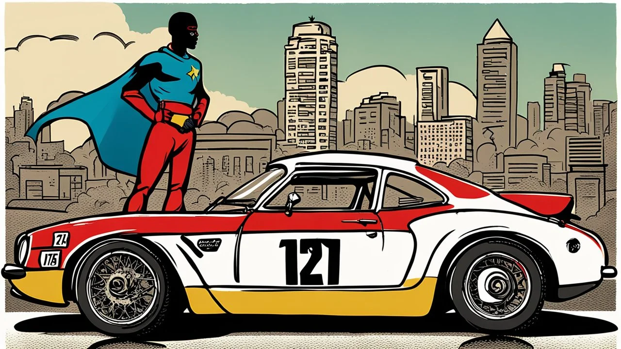 "I'm envisioning an electrifying poster for '<Achayo> Vintage Rally Racing: Unleash the Superhero Speed.' The backdrop should showcase an Ethiopian cityscape, setting the stage for an urban vintage rally. In the foreground, a stylish vintage rally car stands ready, capturing the charm of the past. Standing next to the car is an Ethiopian superhero, ready to unleash super speed, with dynamic poses that convey power and excitement. Use earthy tones for the city background, vibrant colors for the r