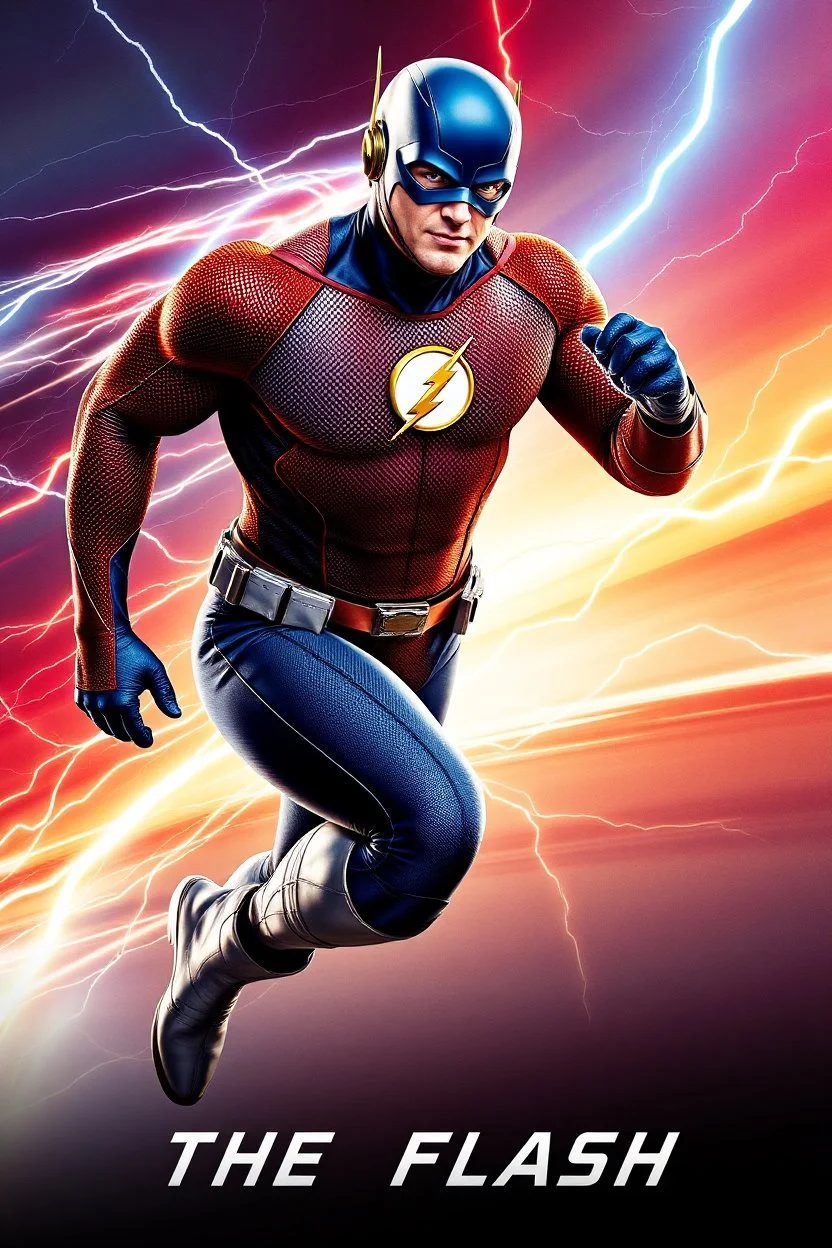 1/4 side view, looking at the viewer, Movie Poster - "THE FLASH" - A massive, thick, extremely muscular, 7'8" tall man, ((skintight, formfitting, textured, long-sleeved, Blue spandex bodysuit:1.5)), ((Silver knee-high boots:1.5)), ((Silver wrist gauntlets, blue fingerless gloves, silver, double holstered utility belt:1.5)), ((skintight, formfitting, textured, blue spandex helmet with blue eye disguise,:1.5)), Running, multicolored lightning emanating from his body,