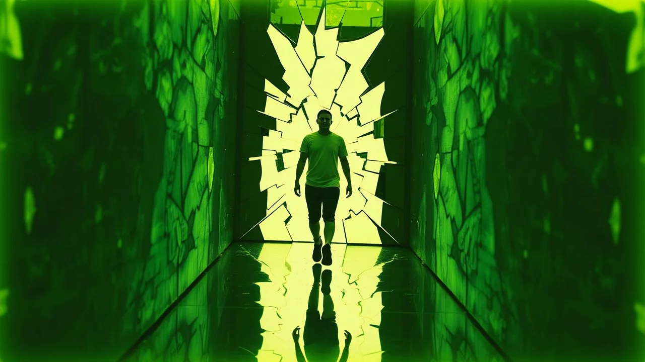 A person walking into a mirror, their body splintering into fractal shardsoutsider art, calotype combineted lime green and random color