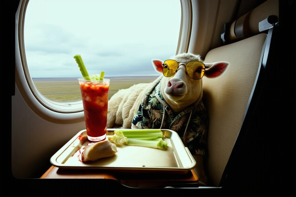 Realistic Grainy vintage analogue glitchy photograph of a contented sow wearing yellow tinted sniper shades and Hawiian shirt sitting next to a sheep with a hoodie reclining on a plane window seat, a Bloody Mary drink with a celery stick garnish sits on seat tray, cloudy skies, faded color old photo, low contrast, vignette, bokeh, heavy film grain and static, absurd