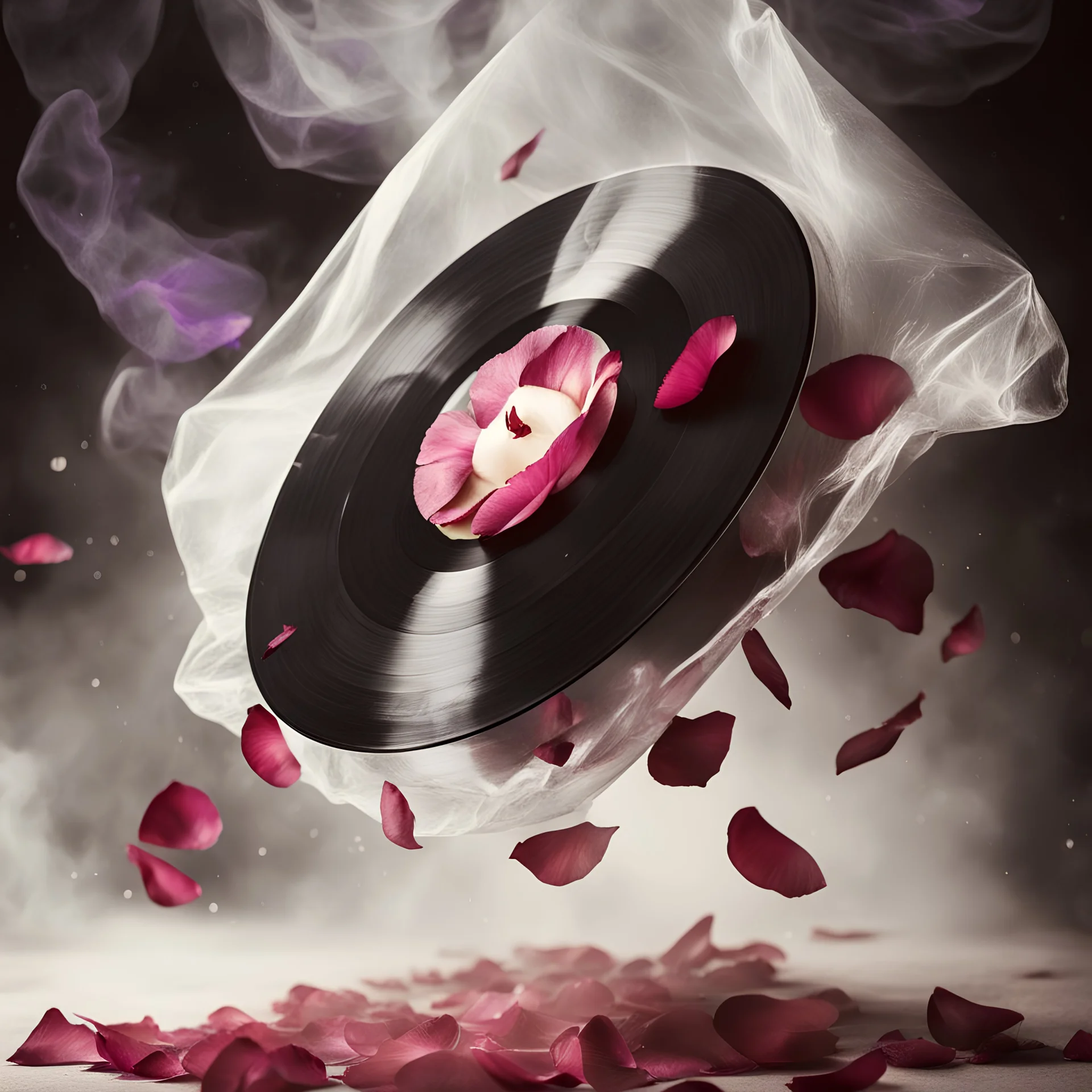 in noir style an old vinyl record wrapped in cellophane with purple rose petals falling from above