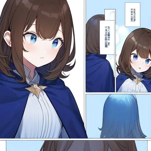 Clear focus, High resolution, A anime kid, cute, rough line skecth, star around kid, sparkling eyes, medium fluffy brown hair, blue sparkling eyes, 1girl (solo), wearing a blue snow cloak and a white shirt, comic with 1girl (solo), winter background, ((dialoge)) Black and white colors