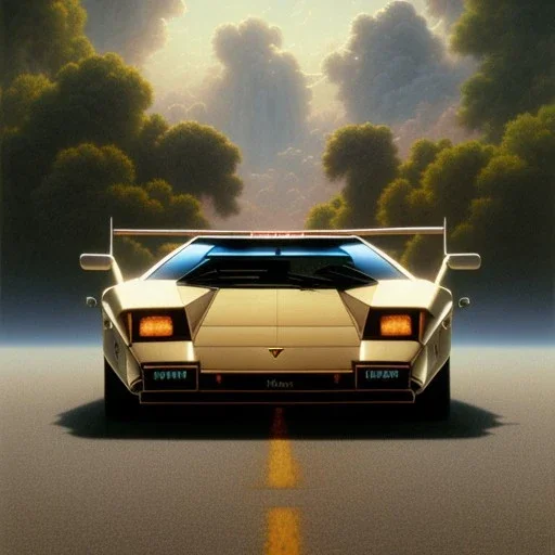 hyperrealism Drawing of 'Lamborghini Countach' three quarter frontal aerial view, by gaston bussiere, greg rutkowski, yoji shinkawa, yoshitaka amano, tsutomu nihei, donato giancola, tim hildebrandt,oil on canvas, cinematic composition,Sharp detail,extreme detail,fit full head inside picture,16k