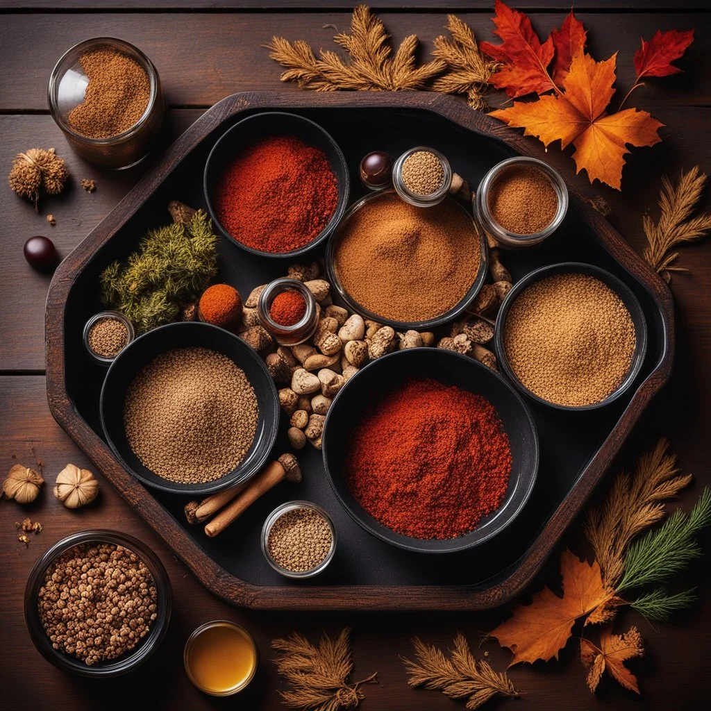 top-down photograph of a gourmet spice kit, jars and vials with cork stoppers in a beautiful ornate lacquered wooden multi-sectional container, stunning advertising photograph, cinematic lighting, moody atmosphere, ornamental stones and wooden knick-knacks, autumn atmosphere, wiccan, oak leaves, wheat stem