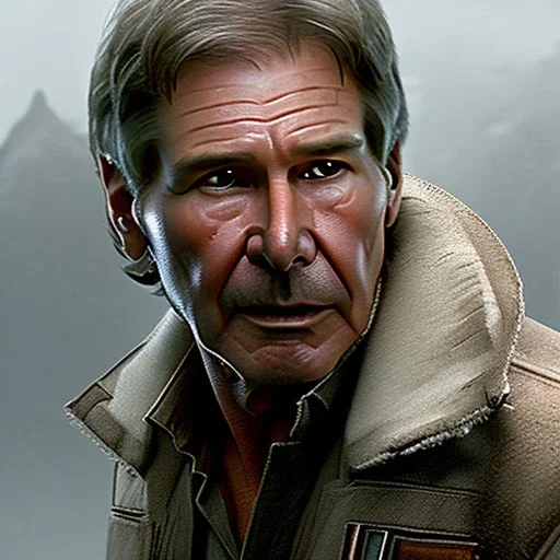 stunning photo realistic head to waist portrait of harrison ford as han solo in star wars with photo realistic short hair by alice zhang,Sam Spratt, Yi Fan, Houston Sharp, Matija Obrovac, Sharp focus, brown eyes, realistically weathered and rough skin,space jacket from star wars, octane render, intricate