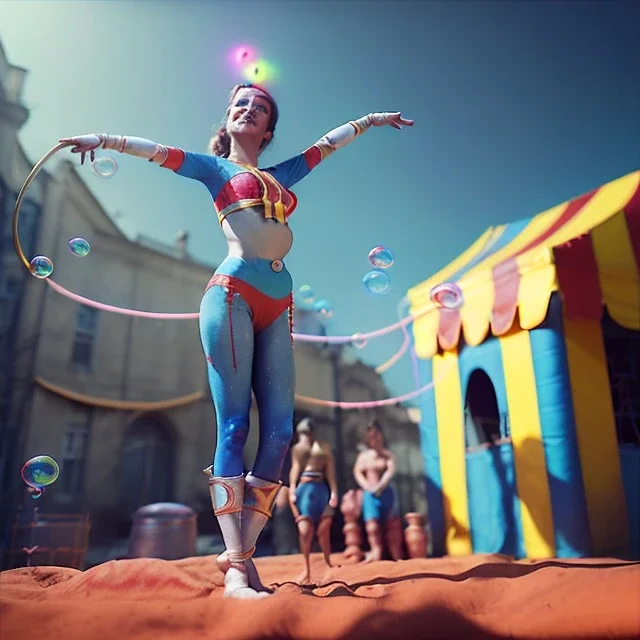 Ultra realistic circus scene. Classic acrobat woman, waist up view, Wes Anderson style, happy, bubbles, highly detailed, concept art, unreal engine 5, god rays, ray tracing, RTX, lumen lighting, ultra detail, volumetric lighting, 3d, finely drawn, high definition, high resolution.