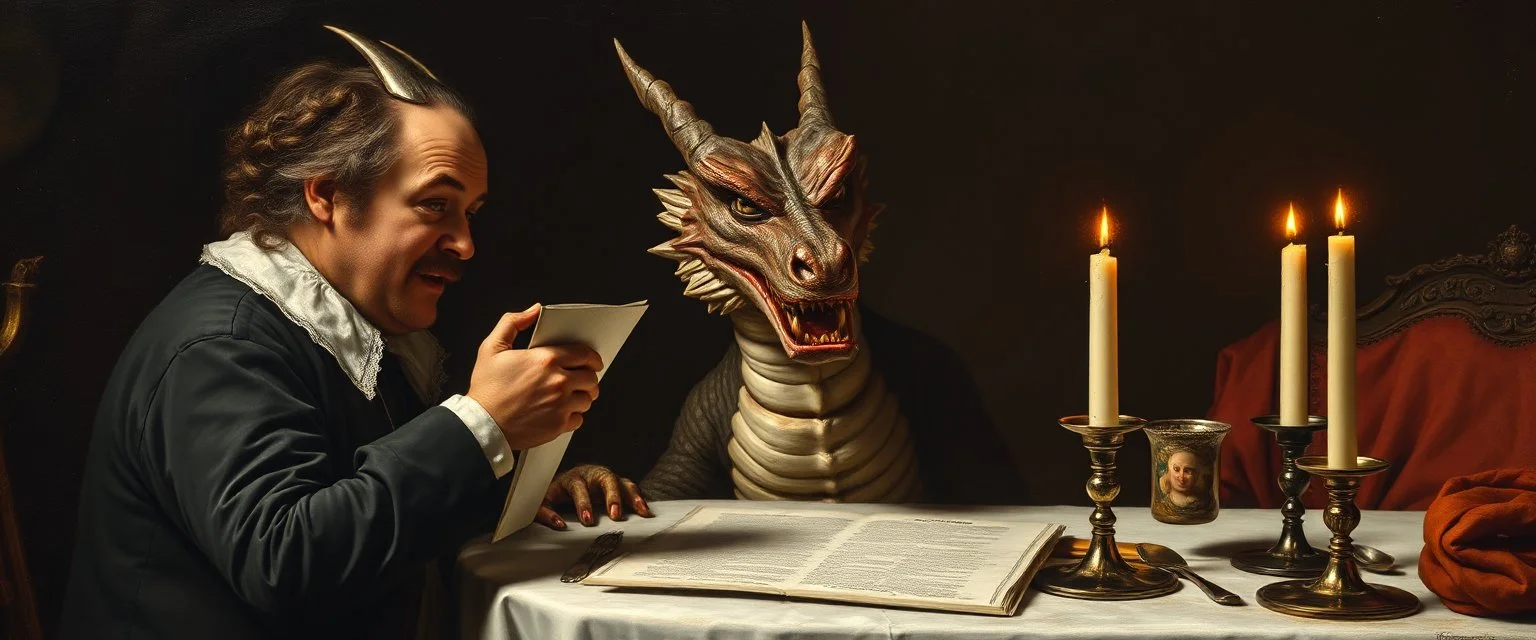 close up portrait painted by Rembrandt, stupid looking dragon holding speech at dinner table