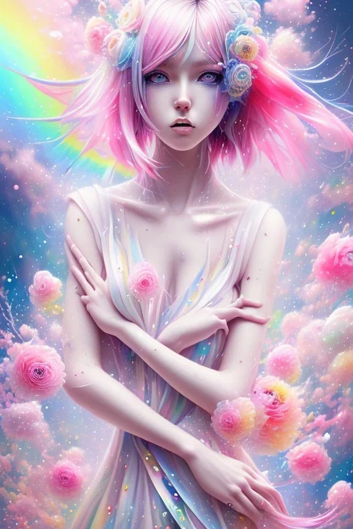 pop manga, woman, pink hair, colorful, watercolor splash, white dress, rainbow flowers, in the style of Camilla d'Errico, hyper detailed, beautiful, complex, trending on artstation, cryengine, national geographic photo, chiaroscuro