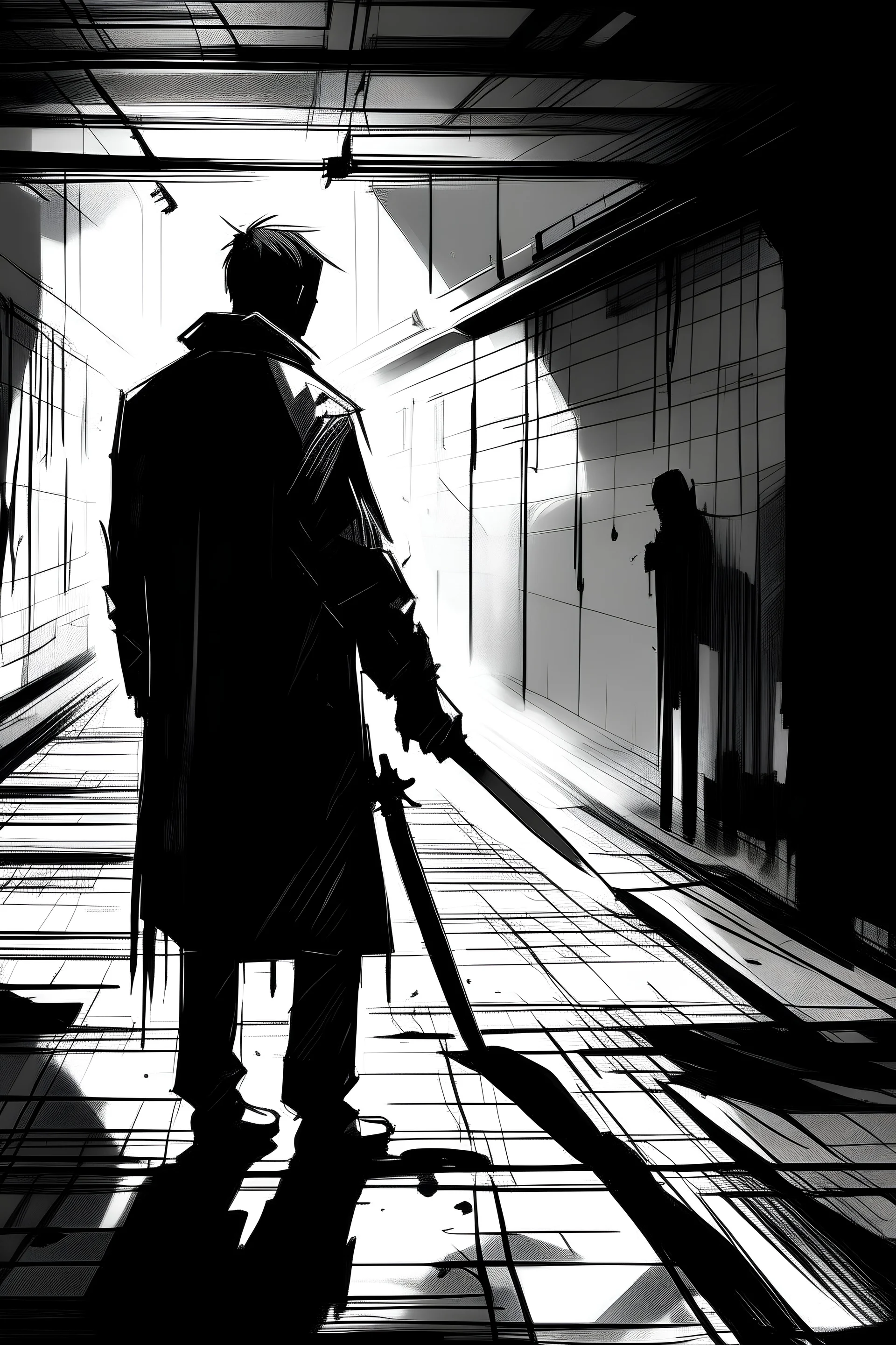 Draw this Perhaps I heard a sound or saw his shadow moving, I don't know. But when I looked round, there he was, half-way towards me with the knife in his right hand!