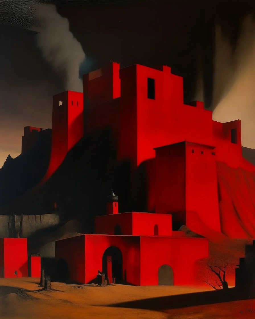 A dark red volcanic fortress painted by Lyonel Charles Feininger