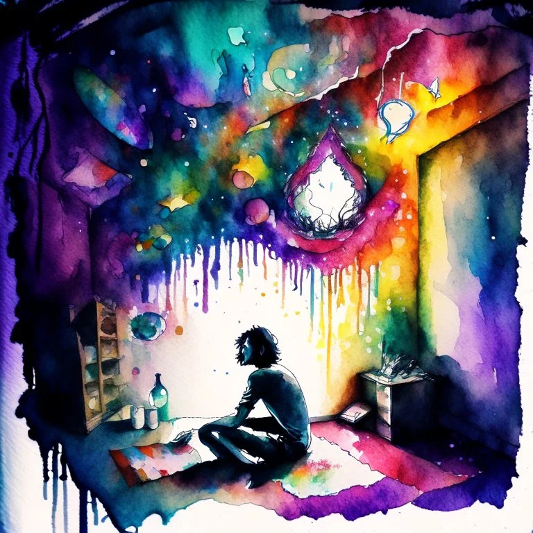 create a watercolour painting , a drug-addicted person is depicted sitting in a dark and dingy room. However, their mind is depicted as a vibrant and colorful dreamscape. The room's walls are covered in mystical symbols, and the person's eyes are closed, showing the viewer the fantastical world they are escaping to in their drug-induced reverie. Strange and beautiful creatures roam this surreal landscape, and the person's addiction is portrayed as a thin, ethereal thread connecting them to this