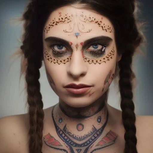 mystic indian woman, perfect, face tattoo, long hair, head and shoulders portrait, cinematic, 8k, dynamic lighting, hyperdetailed, intricately detailed