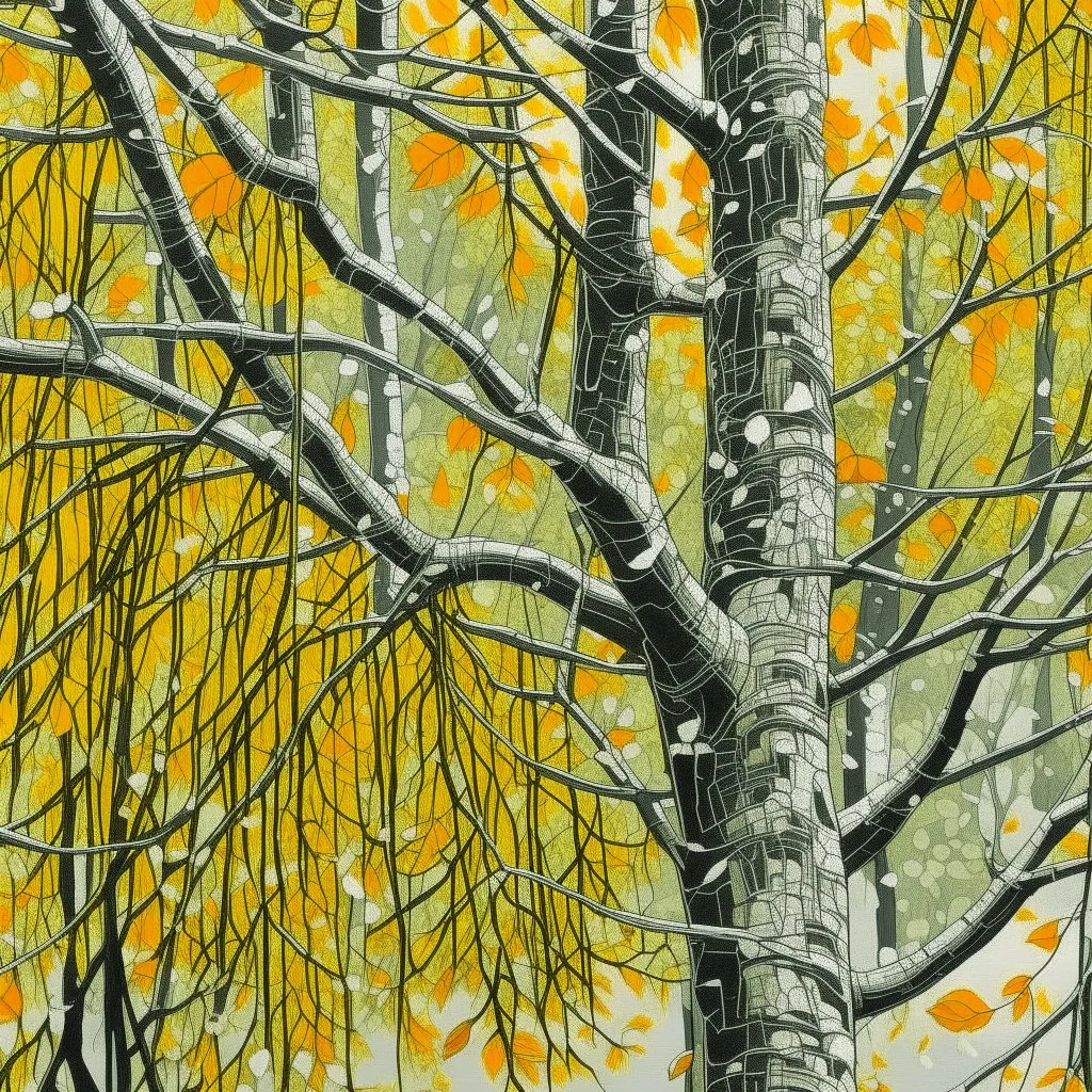 Masterful, highly detailed, full-screen linocut of an extremely focused close-up view of a hanging branch of a birch tree with leaves in autumn shades of yellow, ochre and washed-out green. An early November snow clings to the leaves and branches in wet tufts, creating a soft, white contrast against the colorful foliage. The bokeh background features a blurred view of more snow-covered branches, enhancing the wintry atmosphere. Illustration and linocut using a technique of extremely fine, tiny c