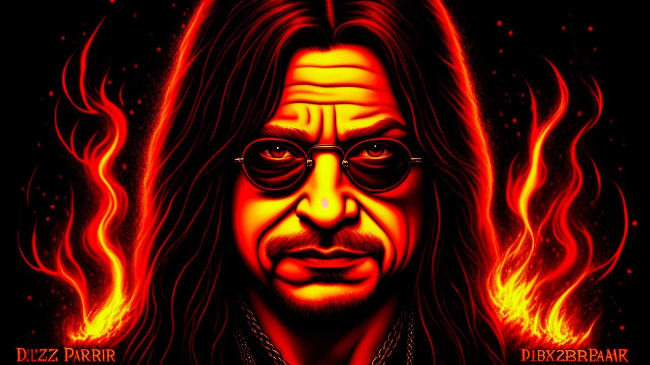 4k full detail, realistic, Logo émission radio hardrock firestarter ozzy osbourne en terminator tribute to Black sabbath flammes en fond