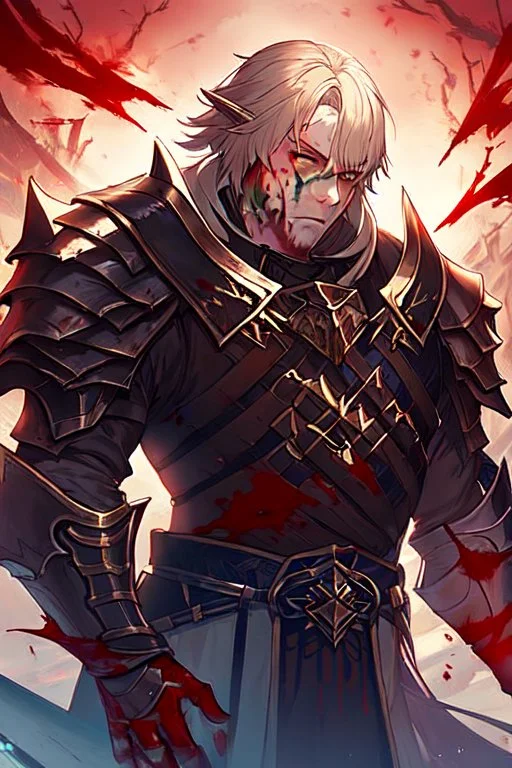 Armored Male Blood Knight Elf by manhwa or korean webtoon style there are lightning and blood spurts around the man, his face pointed at the camera, and with a serious look he lets his opponent know that it's his turn