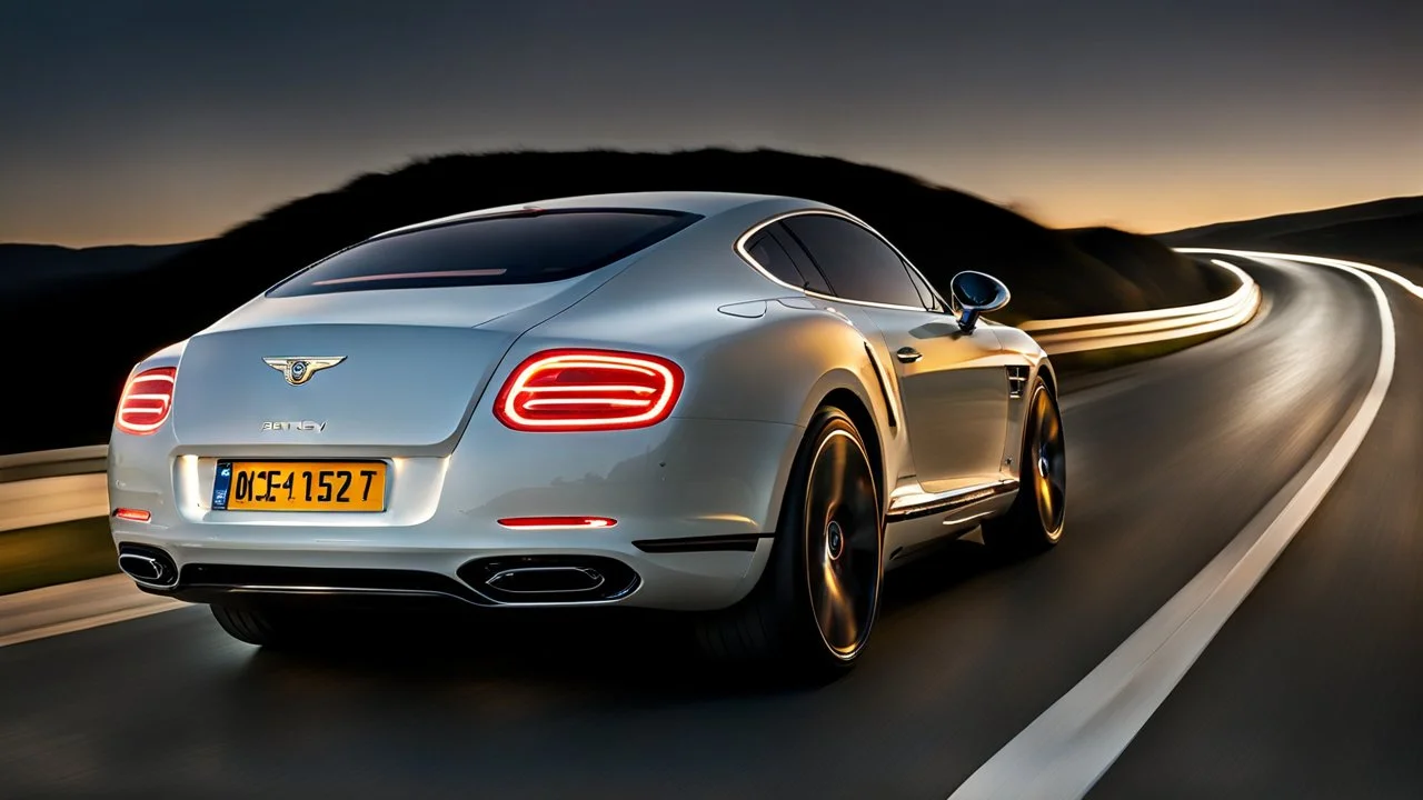 A sleek white shiny (((bentley x porsche))), (((cinematic view))), zipping along a winding road under a beautiful blue black night sky