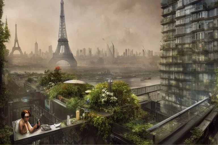 Senna+river+Bar on garden rooftops +Paris mixed new york +Skyscraper +steampunk+biopunk+alphonse mucha, greg rutkowski,matte painting, cryengine, hyper detailed, felix kelly, fantasy art, seb mckinnon