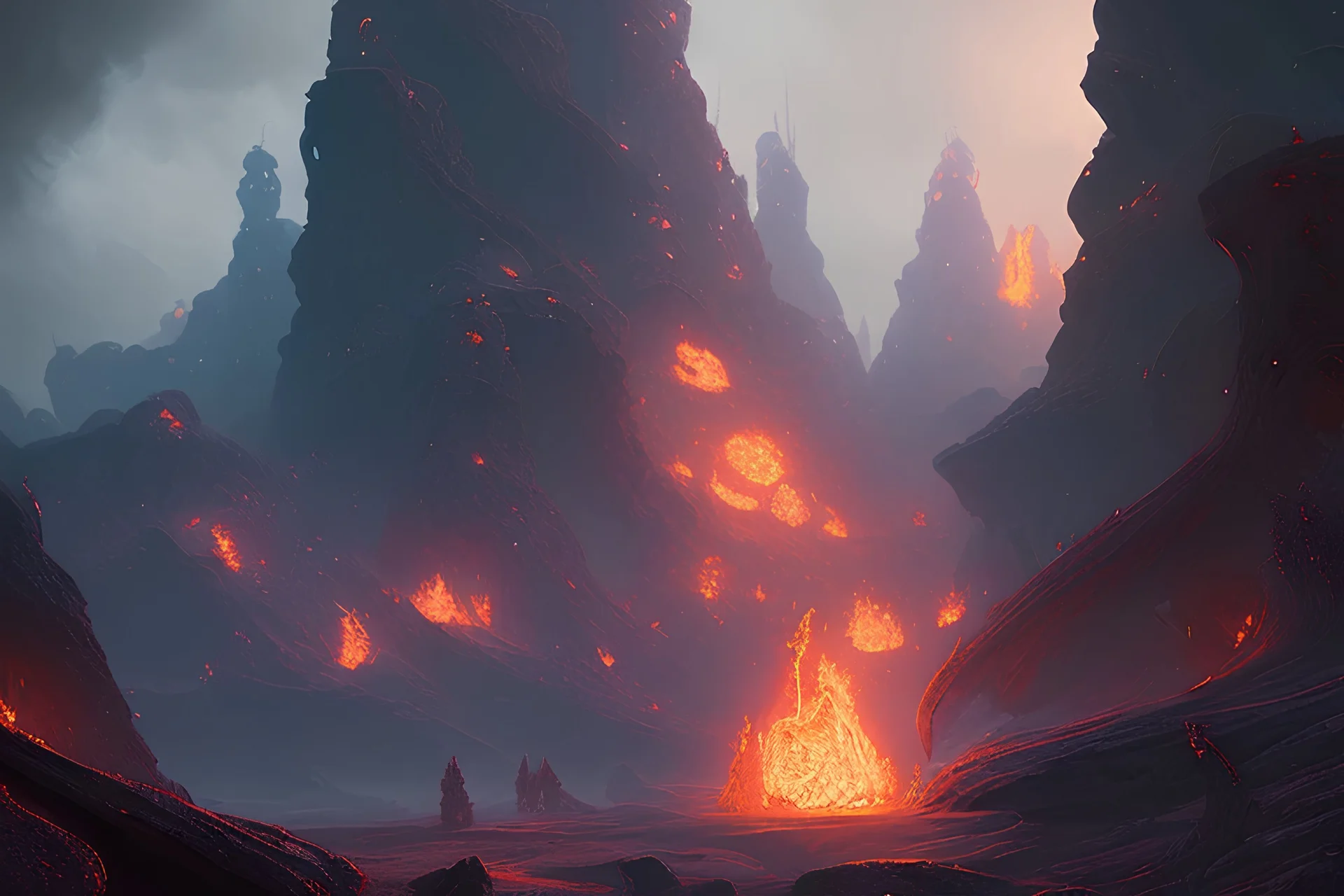 intricate details, global illumination, Extradimensional, Underdimensional, greg rutkowski style, tom bradshaw style, Asher Brown Durand style, fantasy hellscape hell fire lava volcano raining fire