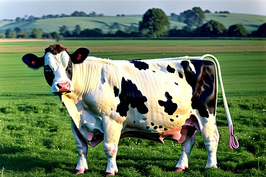 A cow sit on an vittorian armchair in large field, shooted by Cartier-Bresson