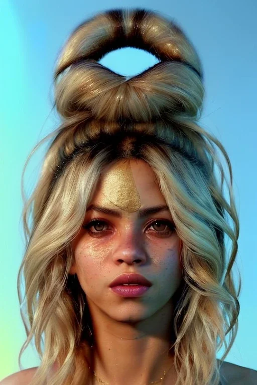 Shakira artist, Realistic image, natural waist up portrait, natural busty , perfect eyes, glow, circle iris, eye liner. spray line make up, glow. lips, gold. big rings piercing, led ornament. coat, vibrant color, highly detailed, art stations, concept art, smooth, unreal engine 5, god lights, ray tracing, RTX, lumen lighting, ultra detail, volumetric lighting, 3d, finely drawn, high definition, 4k.