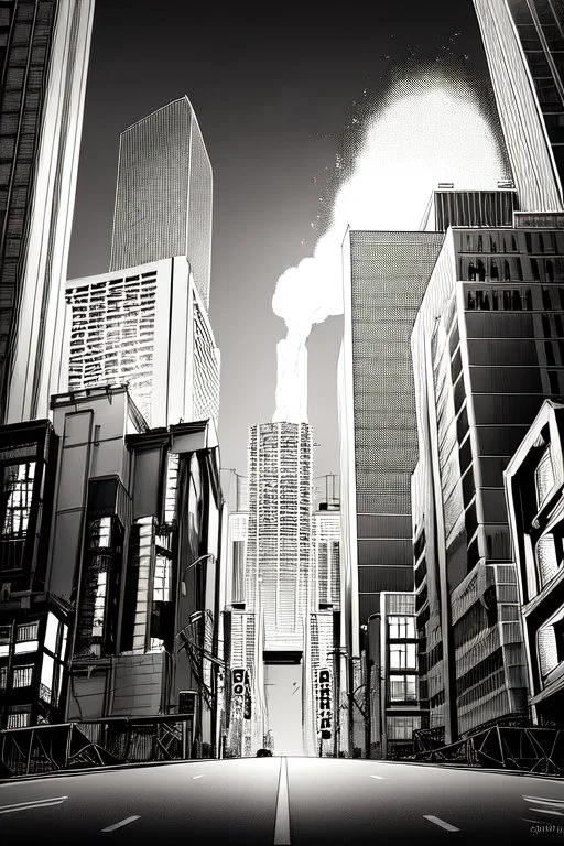 explosions among the buildings of Tokyo greyscale