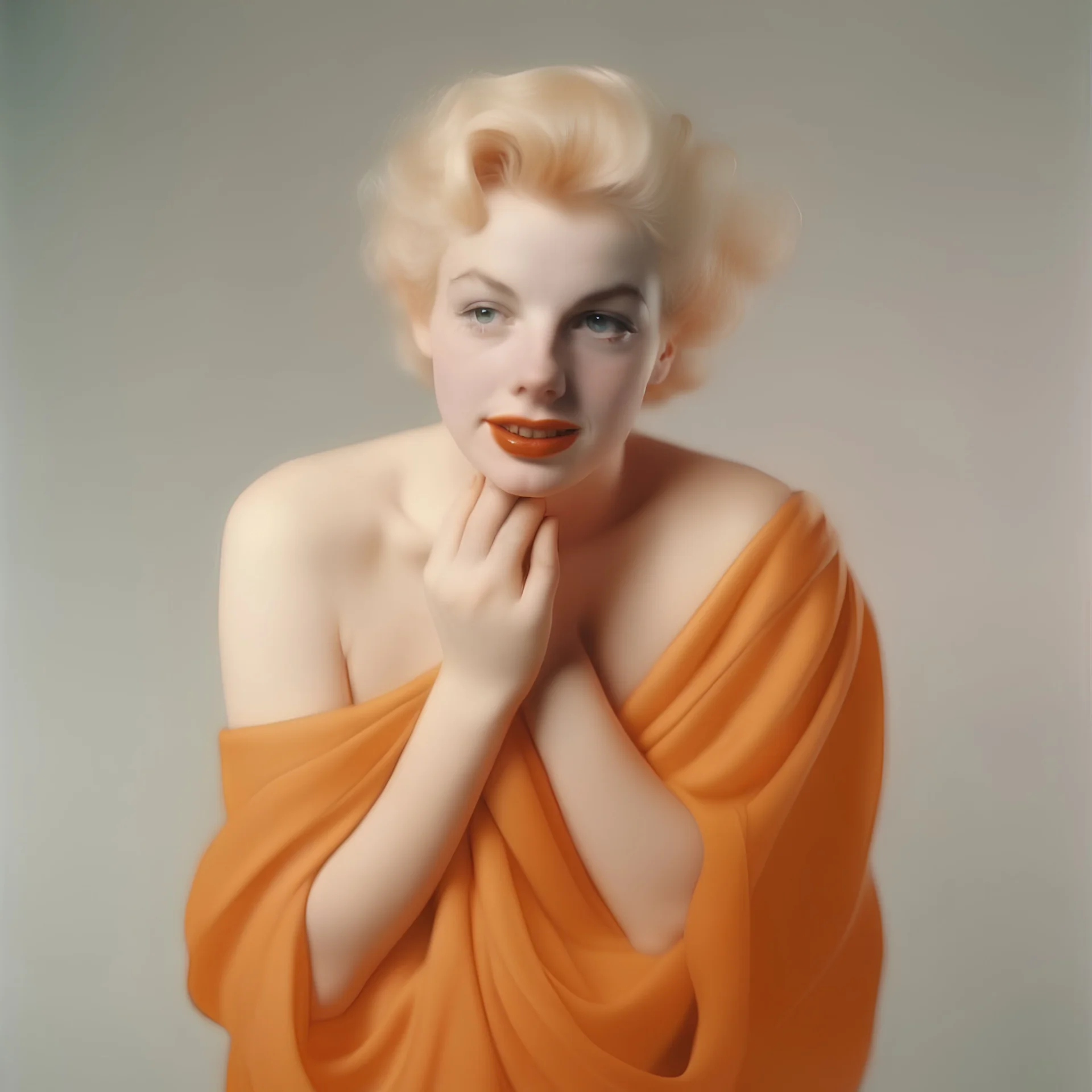 A photograph of childish marilyn monroe, head upward, hand on heart, with spiky hair, no make up, in the style of milton greene, a pale orange silk scarf around her shoulders, white bacground