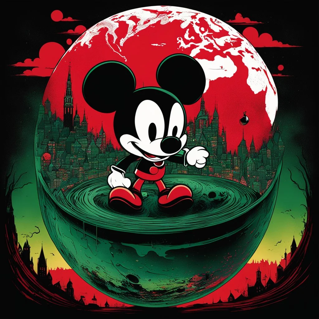 color Ink illustration by Phillipe Druilett, heavily inspired by the unsettling symbolism of Virgil Finday and Alexander Jansson, mickey mouse looming over the globe, red and dark_green and black color scheme dominating the artwork, grim narrative, smooth illustration, chilling Eldritch motifs, UV reactive color slashes, textured surface, ominous representation, unsettling.