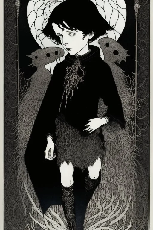 7 year old boy, necromancer, friendly, looks dead,with a long lamprey emerging from his belly , wearing black robes, in the style of Harry Clarke
