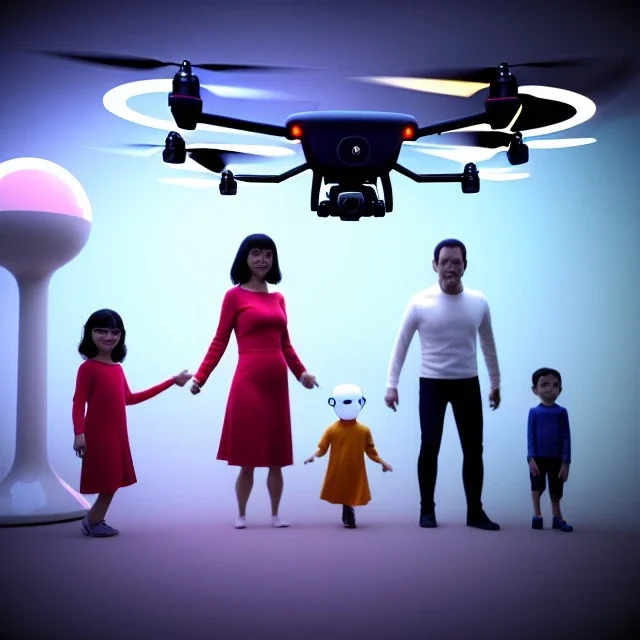 Ultra Realistic classic family portrait, living room. father. mother. daughter. alien pet. Little flying drone. retro futuristic, minimal style. smile, happy. highly detailed, concept art, unreal engine 5, ray tracing, RTX, lumen lighting, ultra detail, volumetric lighting, 3d, finely drawn, high definition, high resolution.