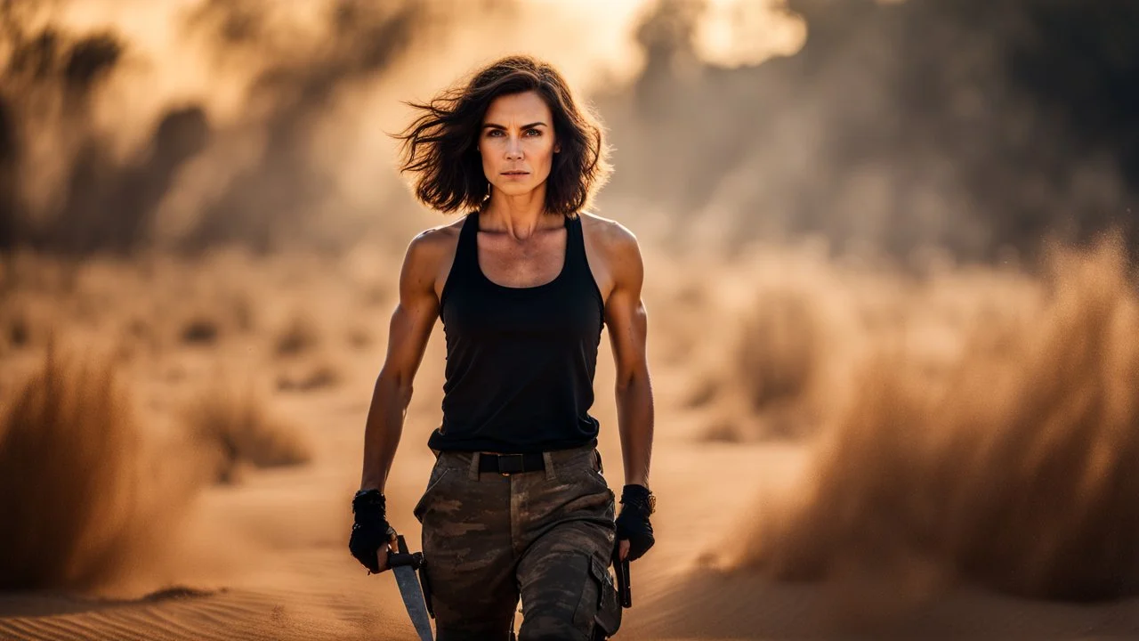 beautiful slender caucasian female technician with a knife, black tank top, well toned muscles, weathered face, scratched sand camo metal details, short brunette wavy bob haircut, dystopian, desert scene with smoke and explosions