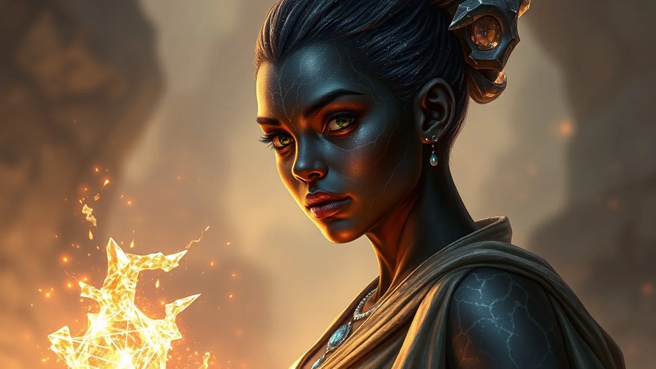 Please generate a female earth genasi cleric in the tempest domain for D&D. She should have dark-colored skin with glittering sparkles like gem dust. She should have lines marking her skin like cracks, showing glimmering gem-like veins and a faint glow. Her hair should appear carved of crystal. She should be in her mid-40s and curvy and fully-clothed in cleric robes.